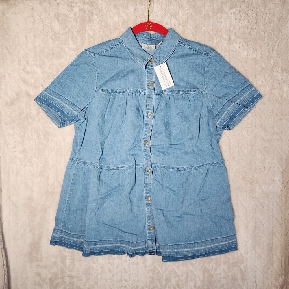 NWT Logo by Lori Goldstein Small Denim Shirt Chambray Button Front Short Sleeve
